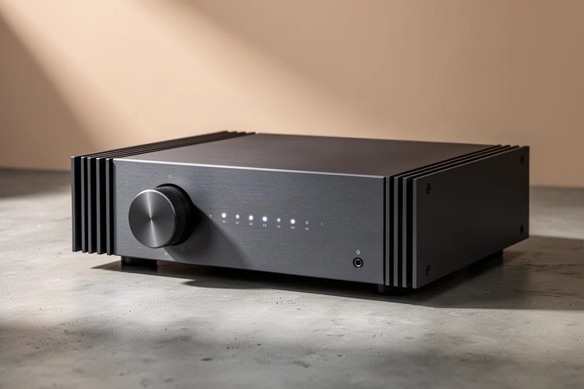 Slim dark grey integrated amplifier with large volume knob on a concrete surface