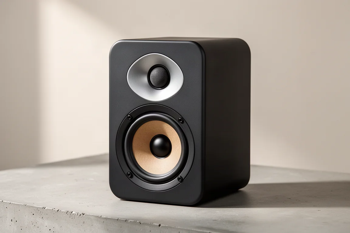 Compact charcoal stand-mount speaker with dome tweeter and six-inch woofer on concrete plinth