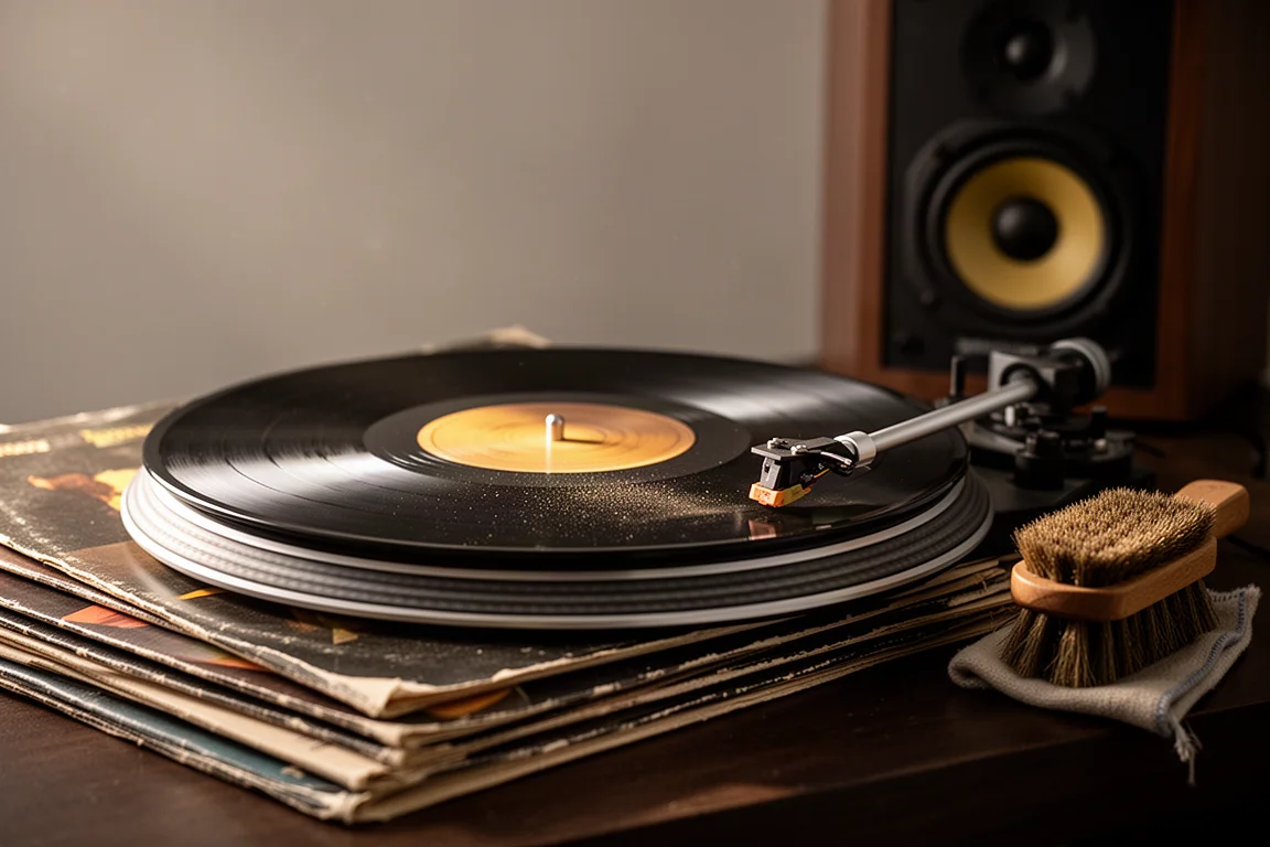 Disco in vinile che gira sul giradischi con copertine di LP consumate impilate accanto