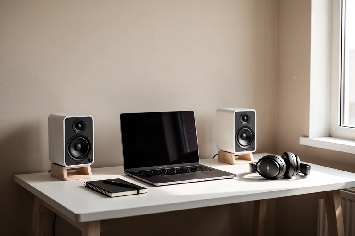Diffusori compatti su una scrivania accanto a un laptop in una piccola stanza luminosa