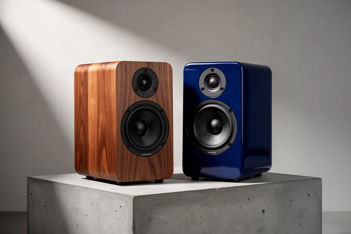 Two stand-mount speakers side by side, one walnut veneer and one glossy blue, on a concrete plinth