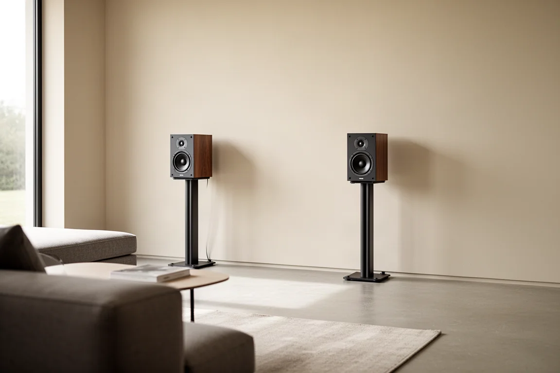 Pareja de altavoces compactos sobre soportes separados de la pared en un salón minimalista