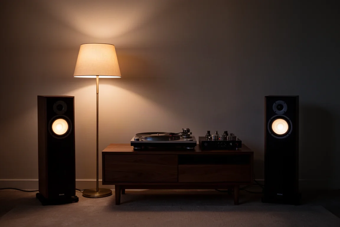 Dos altavoces compactos en una sala de escucha en penumbra iluminada por una lámpara de pie cálida