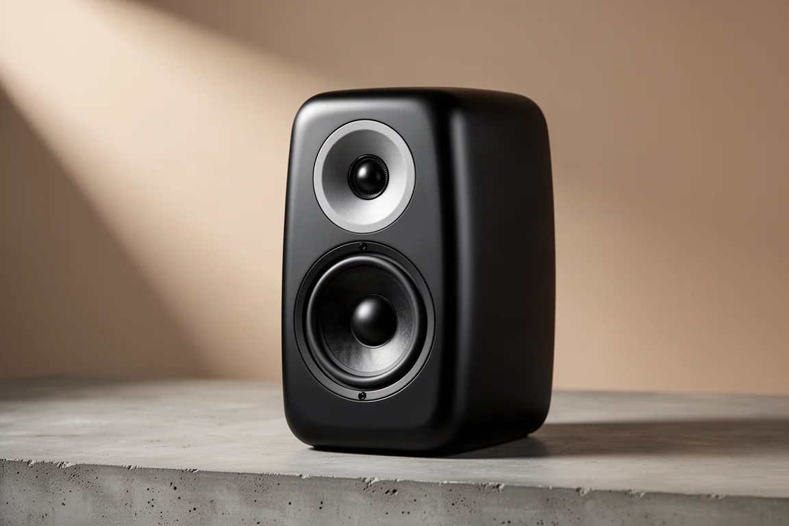 Compact satin black standmount speaker with tweeter above a mid-woofer on concrete