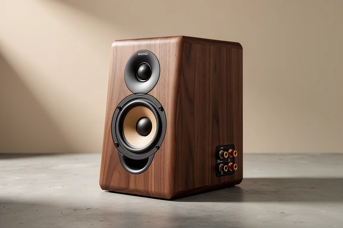 Pair of compact standmount loudspeakers on slim metal stands against a warm grey backdrop
