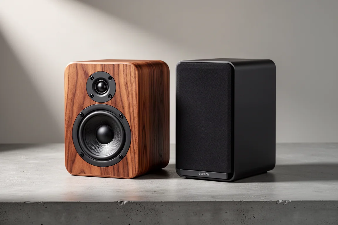 Two compact bookshelf speakers side by side on a concrete surface in soft studio light