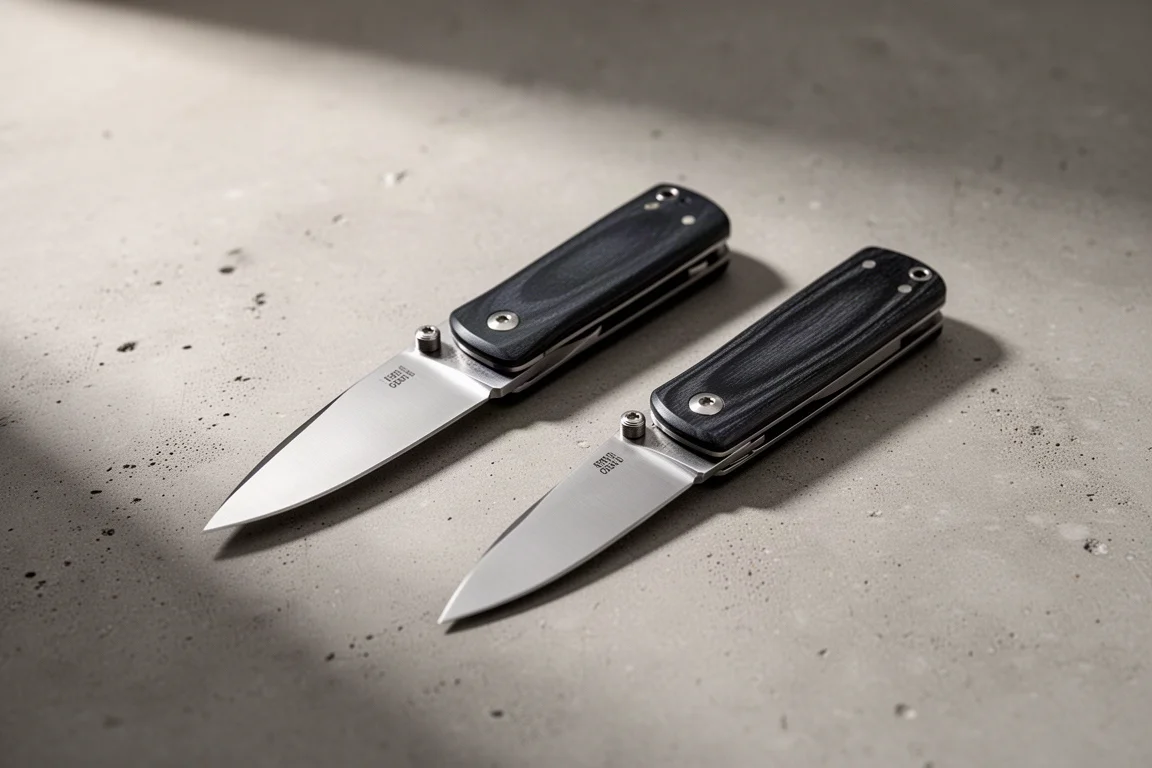 Two slim Buck folding knives side by side on a concrete surface