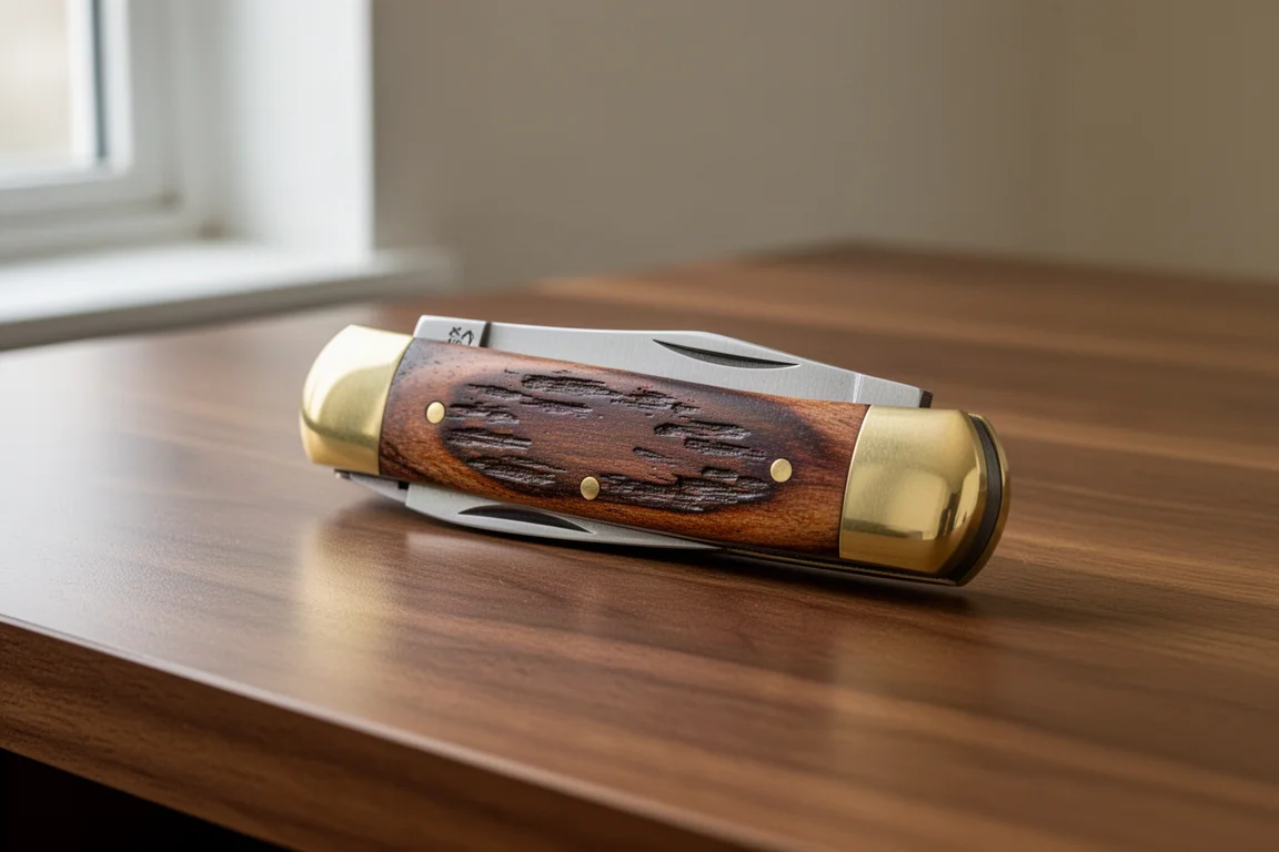 Traditional folding knife with wooden handle and brass bolsters on a wooden desk