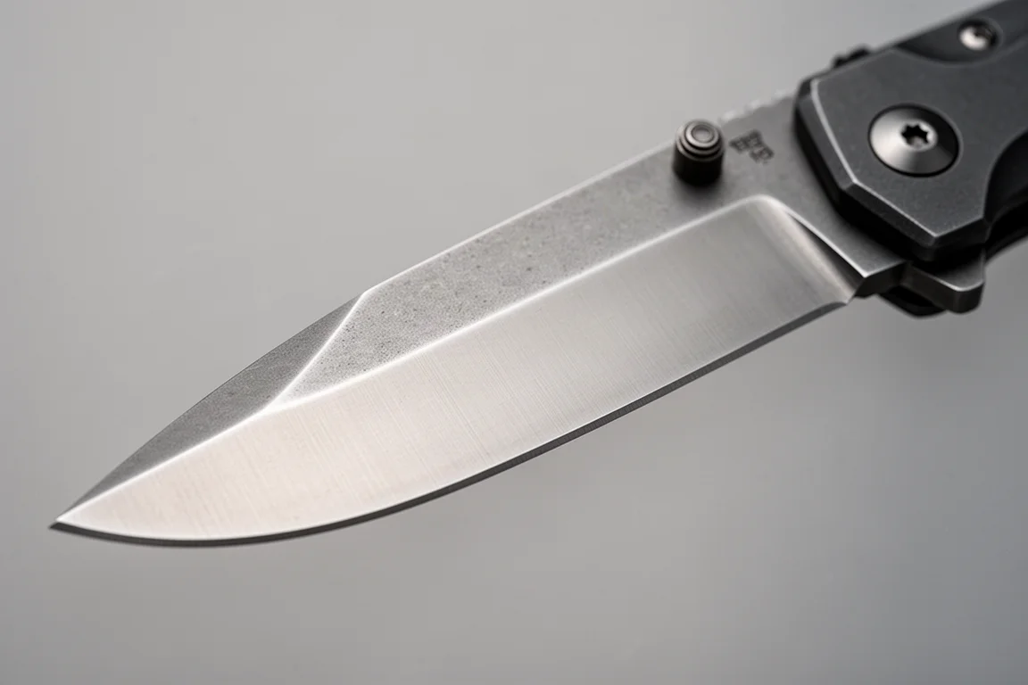 Close-up of a satin-finished blade spine showing grind detail on grey backdrop