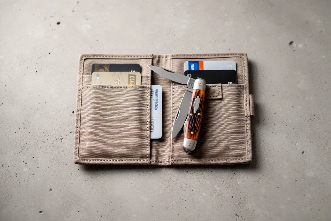 Small folding knife tucked into a slim wallet-style organizer beside cards