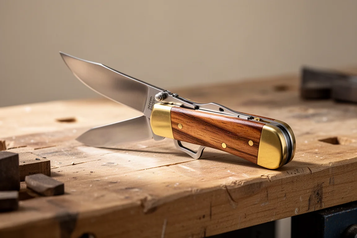 Folding knife held open showing back lock mechanism under soft light