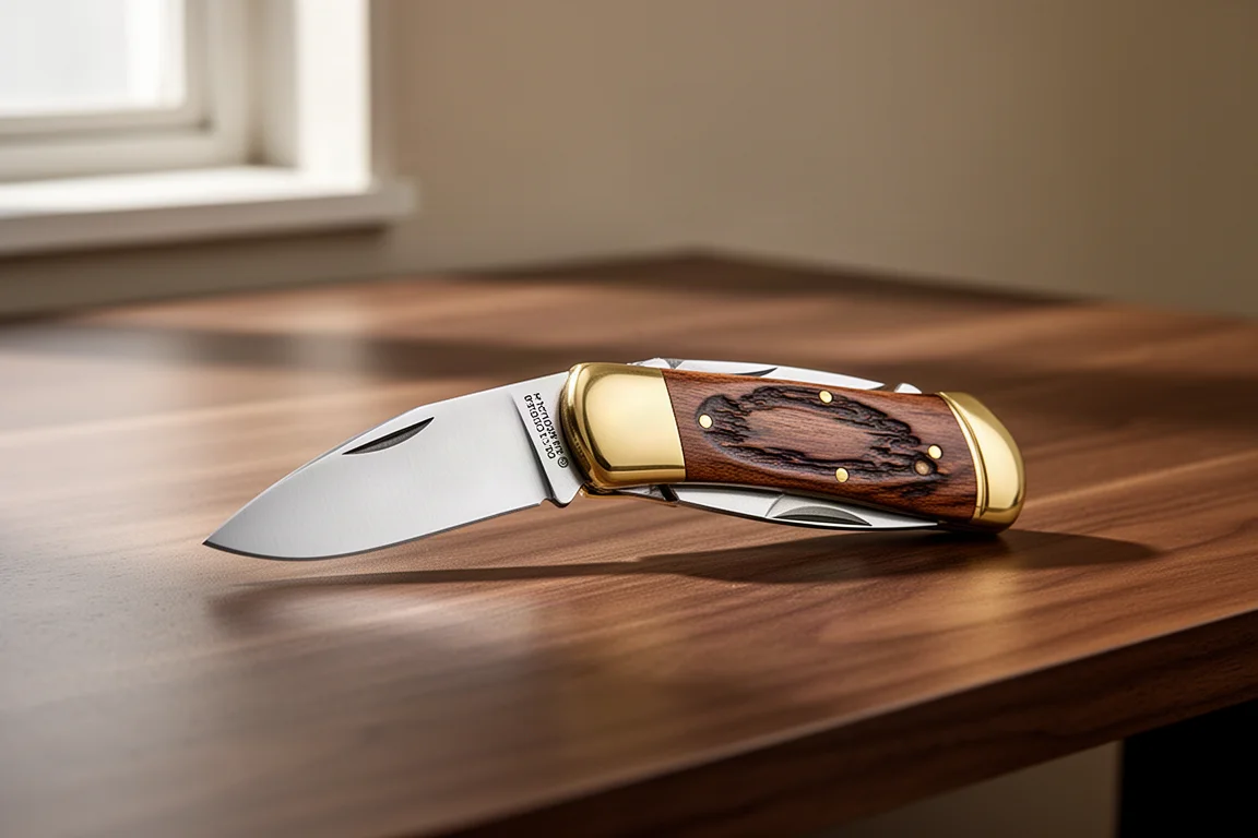 Buck 110 MagnaCut Klappmesser mit Holzgriff und Messingbacken auf Walnussschreibtisch