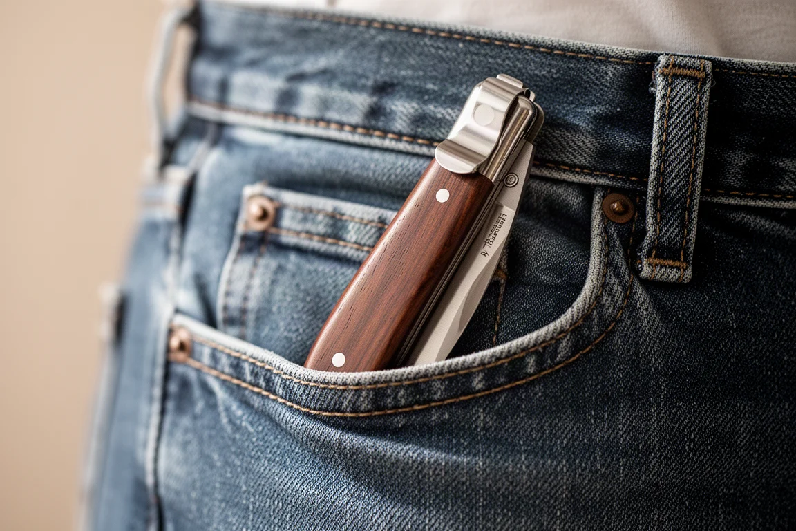 Uno slancio coltello tradizionale da tasca con chiusura a leva agganciato in una tasca di jeans