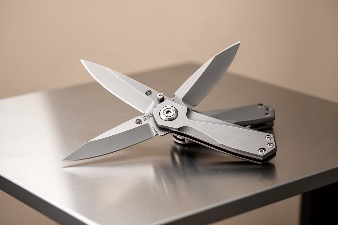 Coltello pieghevole moderno aperto su una scrivania che mostra la fluidità del perno