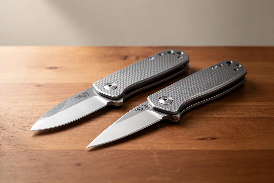 Due coltelli pieghevoli fianco a fianco su una superficie in legno in stile espositivo