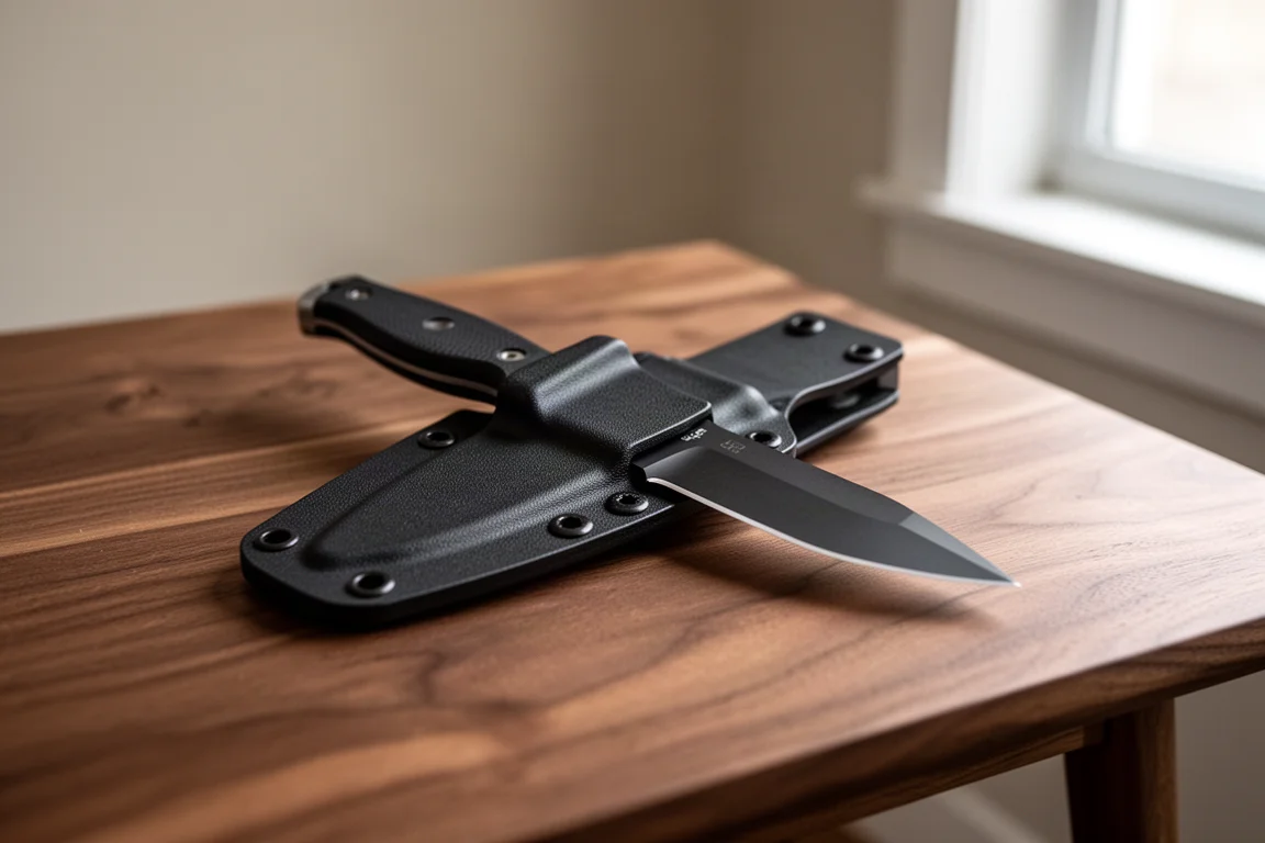 Coltello a lama fissa alloggiato in un fodero stampato su un tavolo di legno