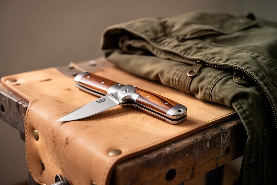 Slim folding knife with wood inlay resting on worn leather workbench