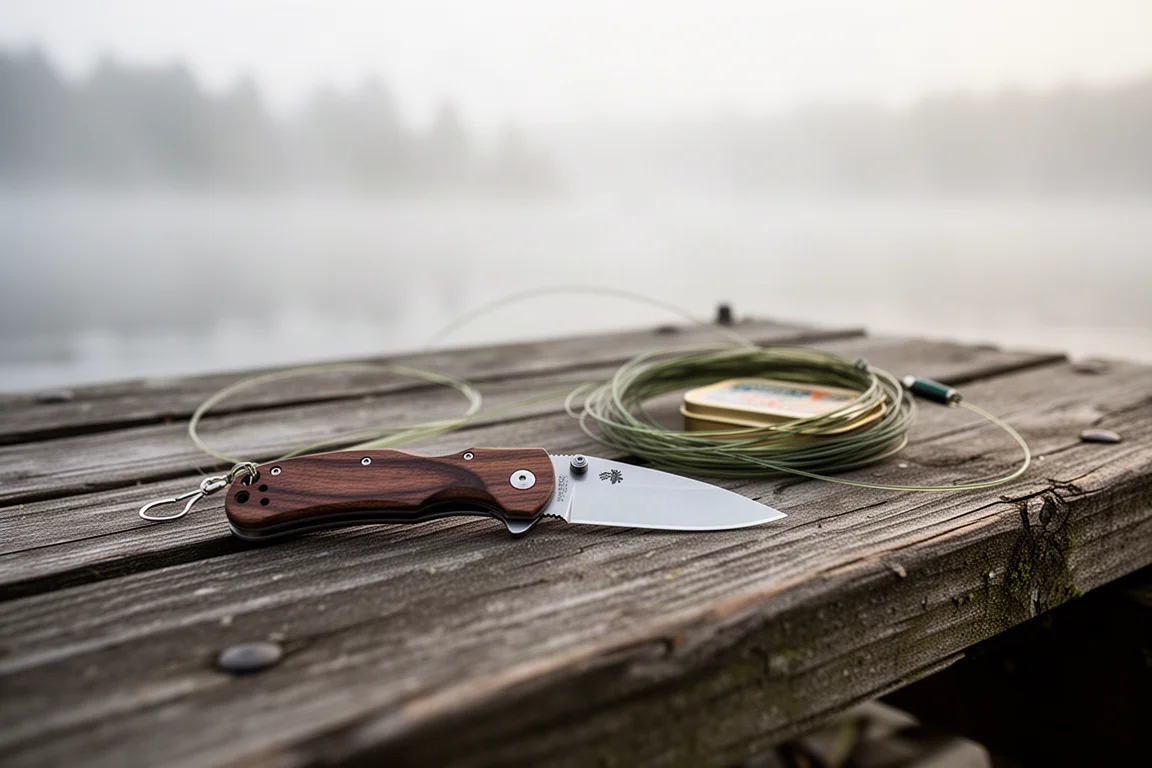 Compact folding ranger knife beside fishing gear on weathered dock