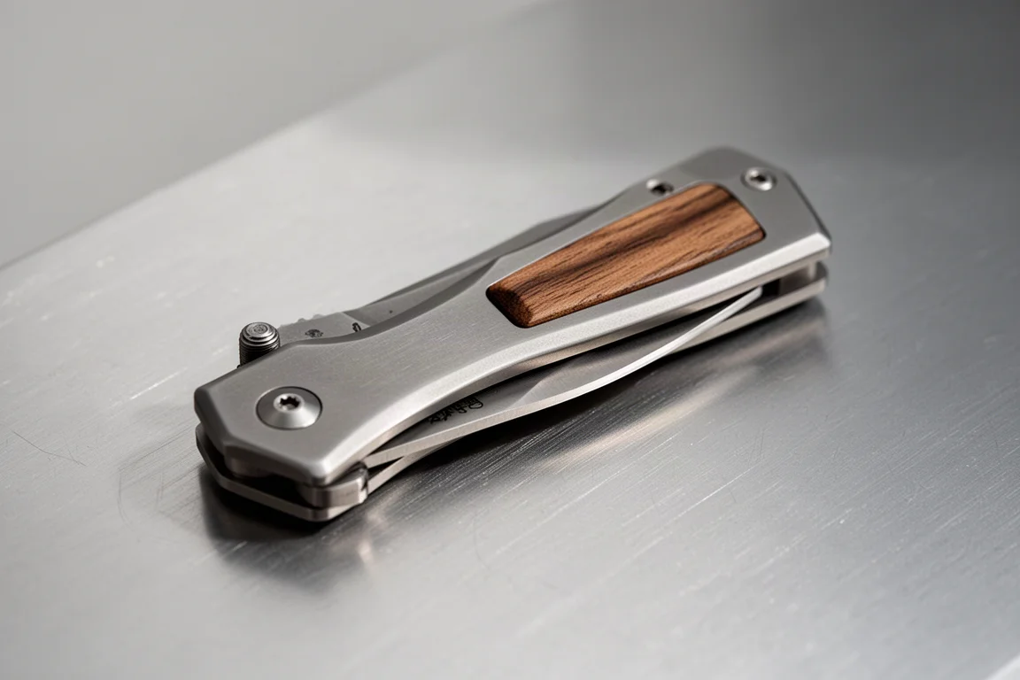 Titanium-framed folding knife on brushed metal surface catching light