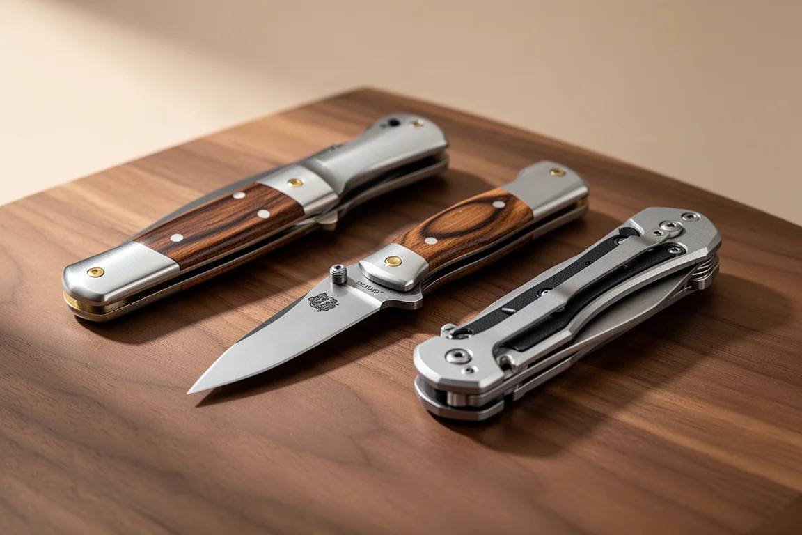 Three Buck folding knives with wood and titanium handles on a walnut surface