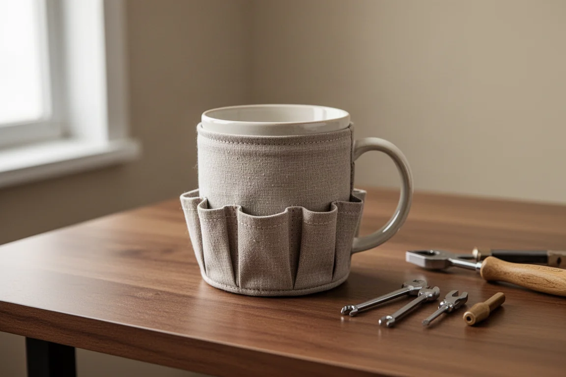 Kaffemugg lindad i en tygorganisator med fickor på ett arbetsbord