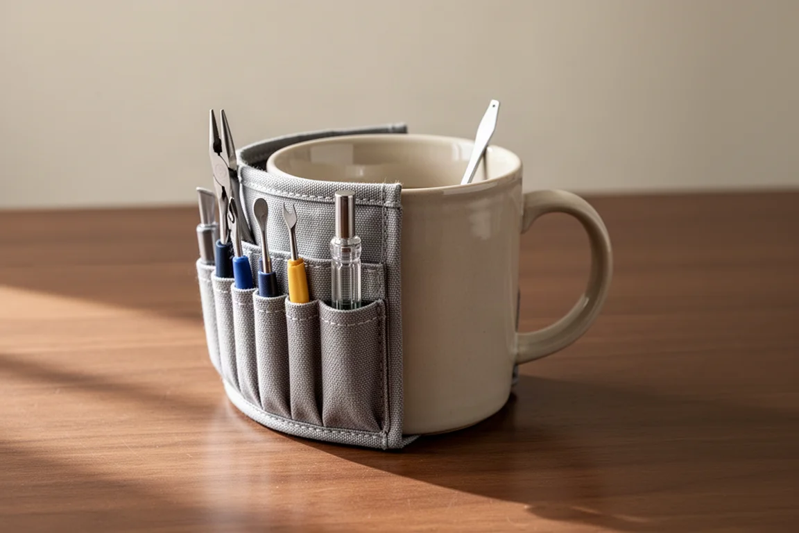 Kaffemugg lindad i en tygorganisator med fickor som håller små handverktyg