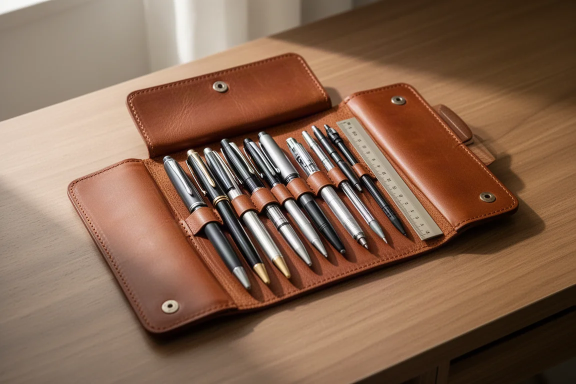 Geöffnetes Leder-Etui auf einem Schreibtisch, gefüllt mit Stiften und einem Lineal