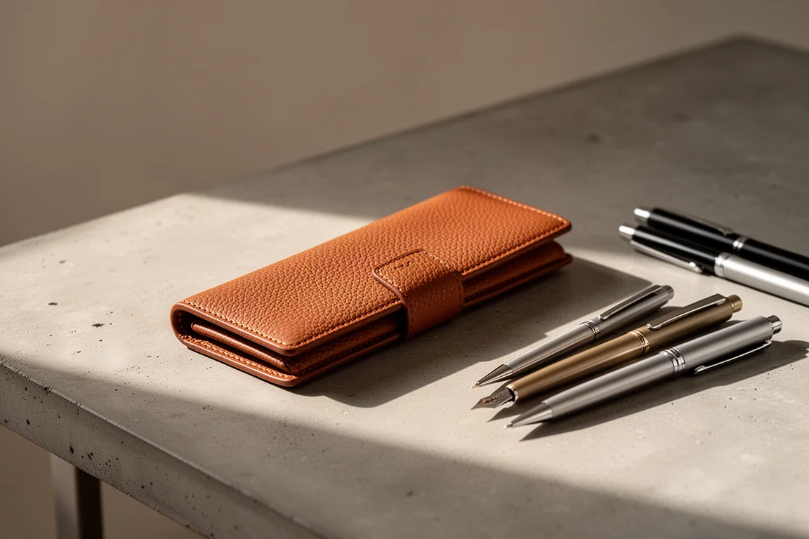 Leder-Etui auf einem Schreibtisch neben ordentlich arrangierten Schreibgeräten