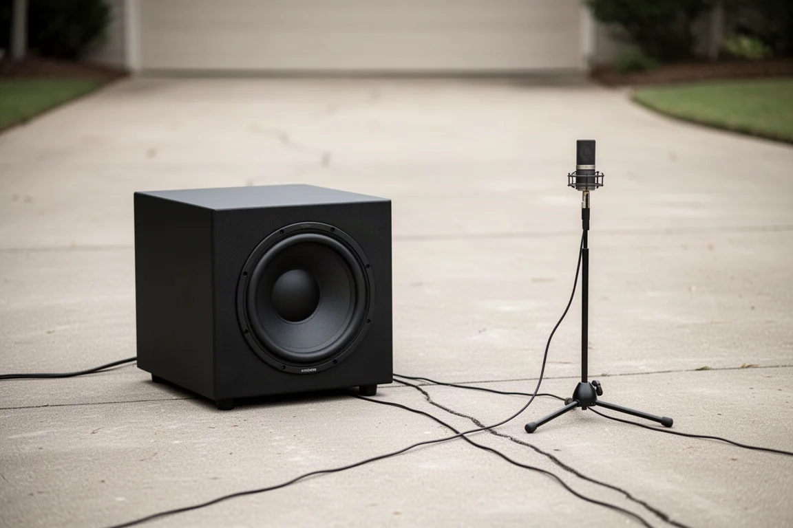 Caisson de basses noir à l'extérieur sur une allée avec un microphone de mesure sur un support à proximité