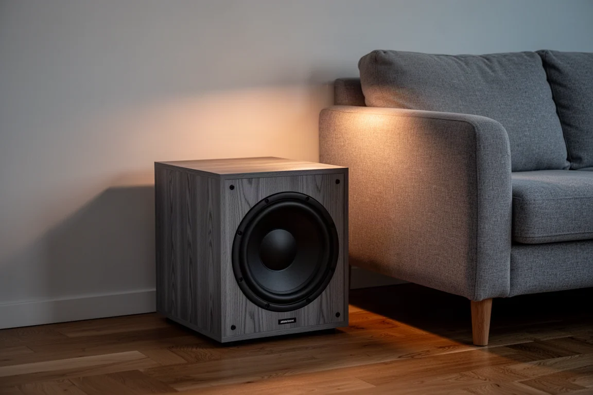 Coin de salon au crépuscule avec un caisson de basses en placage de bois gris à côté d'un canapé