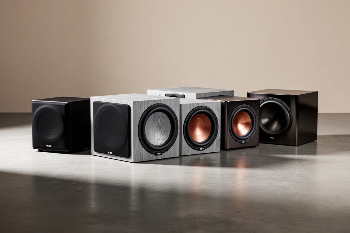 Six 12-inch subwoofer cabinets in mixed finishes arranged in a row on a concrete floor