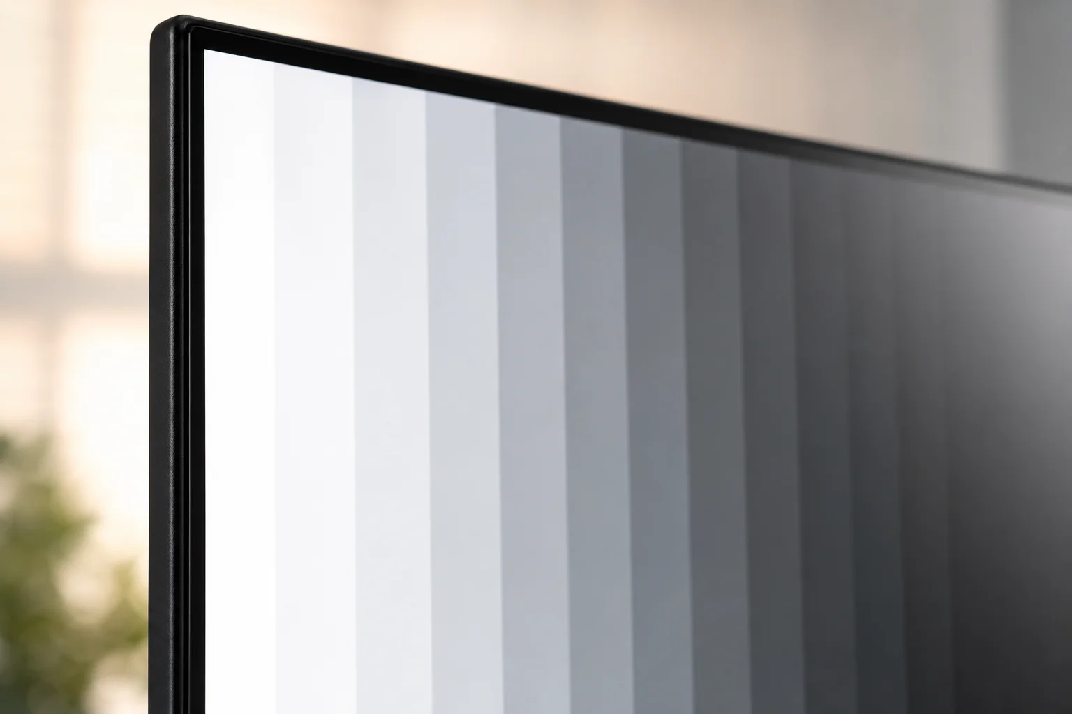 Primer plano de la pantalla del monitor mostrando un patrón de prueba de precisión de color con degradados
