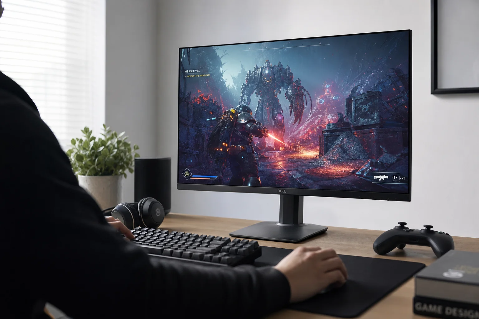 Gamer usando teclado y ratón en un escritorio con un monitor mostrando una escena de juego