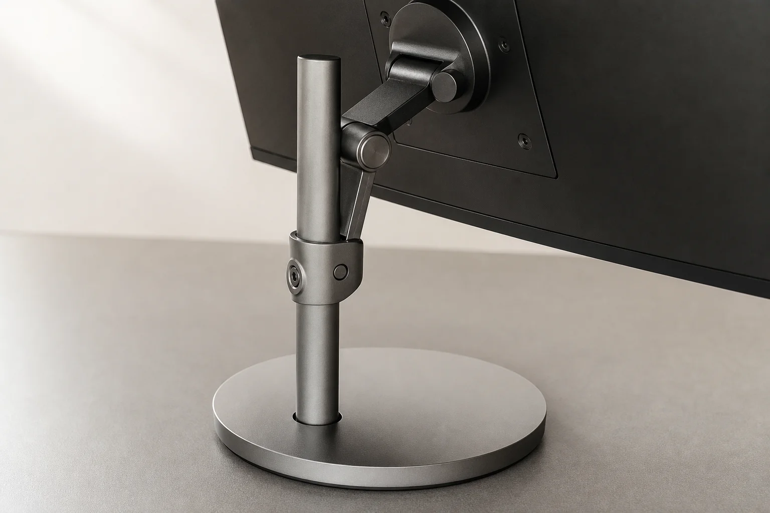 Soporte y base del monitor mostrando un diseño minimalista y el mecanismo de ajuste de inclinación