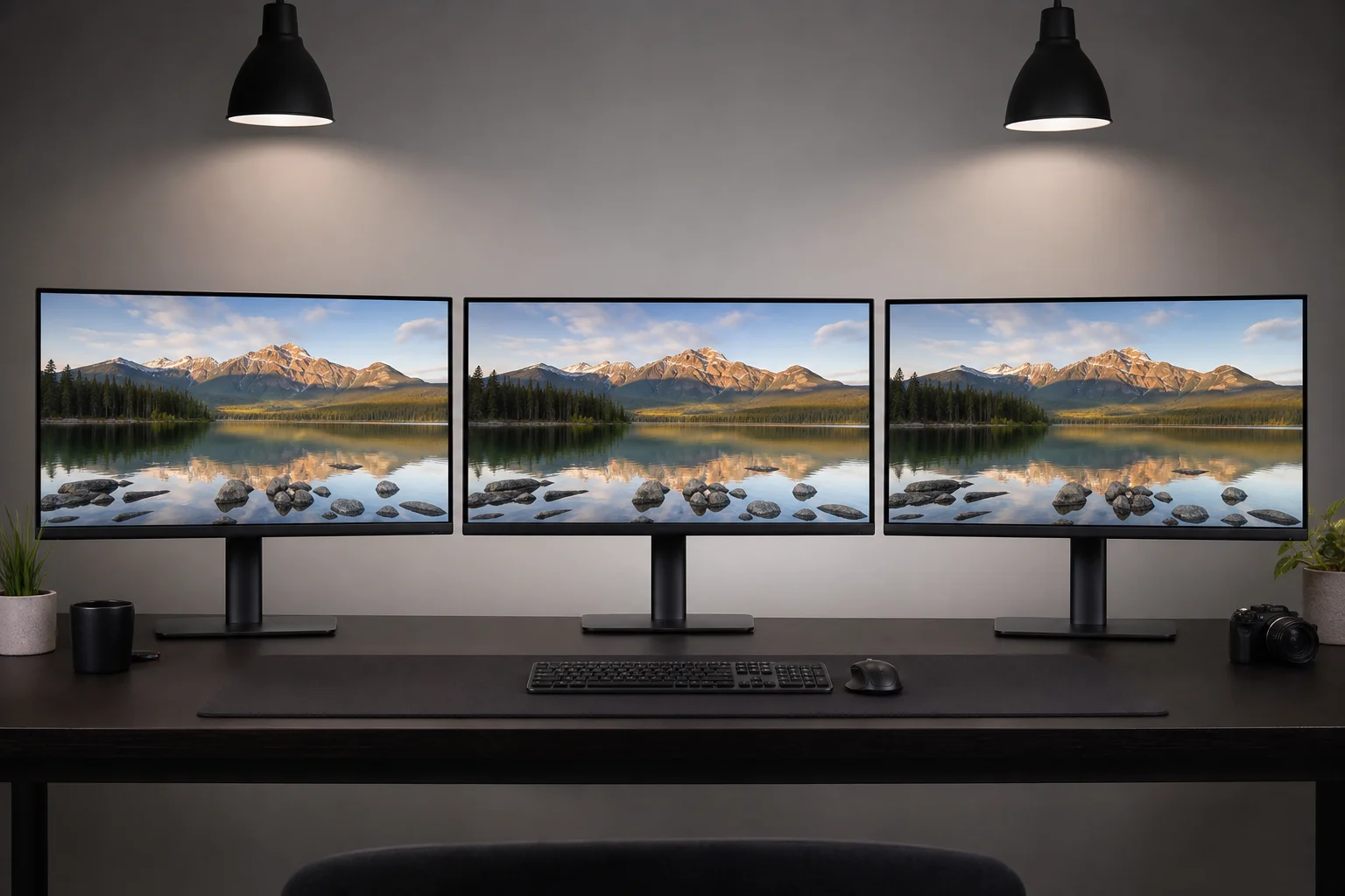 Tres monitores uno al lado del otro mostrando la misma imagen de prueba para comparación visual