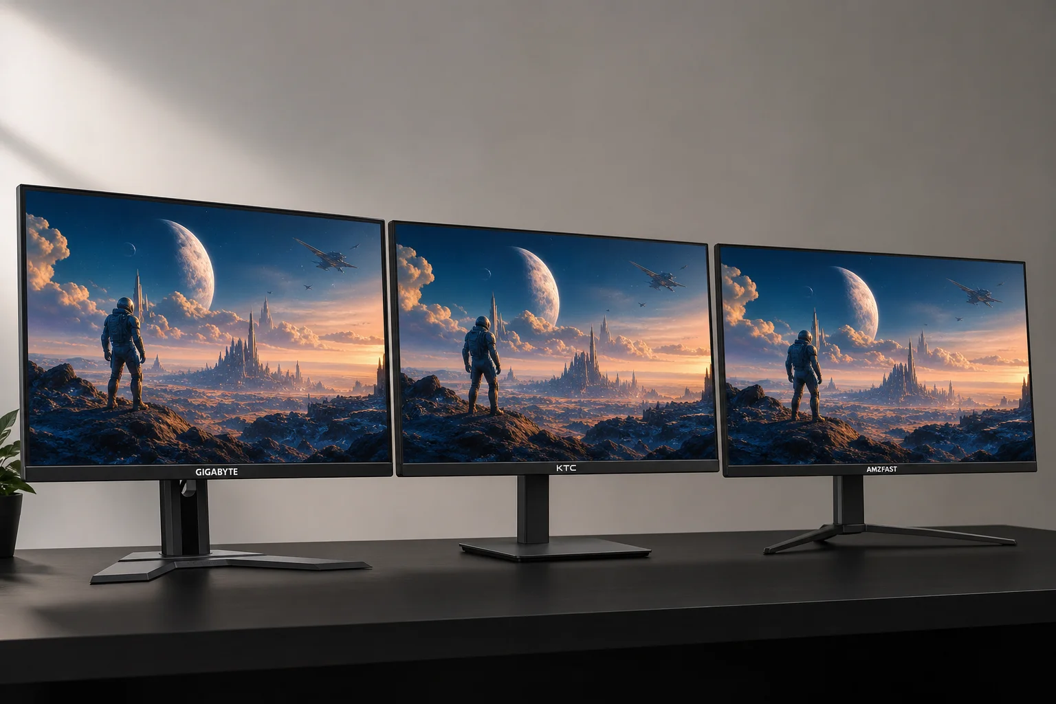 Tre 1440p-gamingskärmar sida vid sida som visar samma testbild