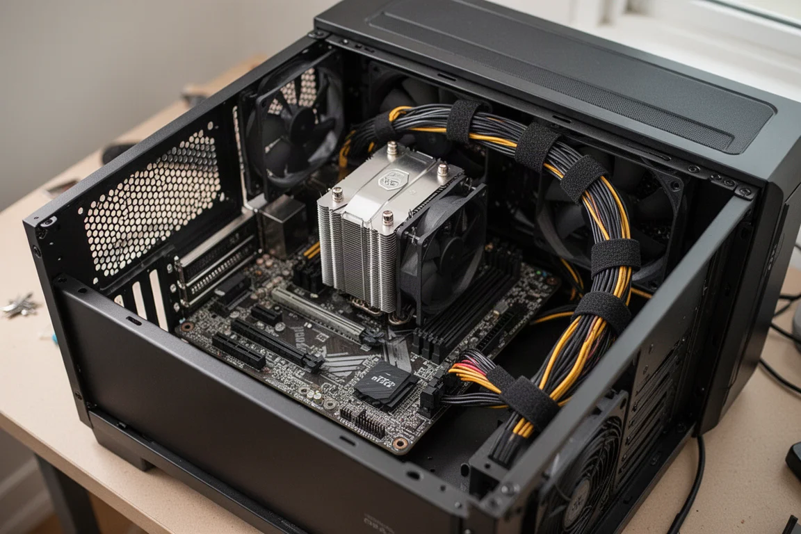 グラフィックカード取り付け前のPCケース内部。マザーボード、CPUクーラー、配線が見える