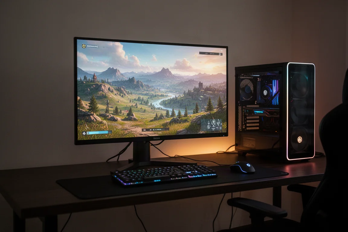 薄暗い部屋のゲーミングセットアップ。モニターにオープンワールドゲームのシーンが表示されている