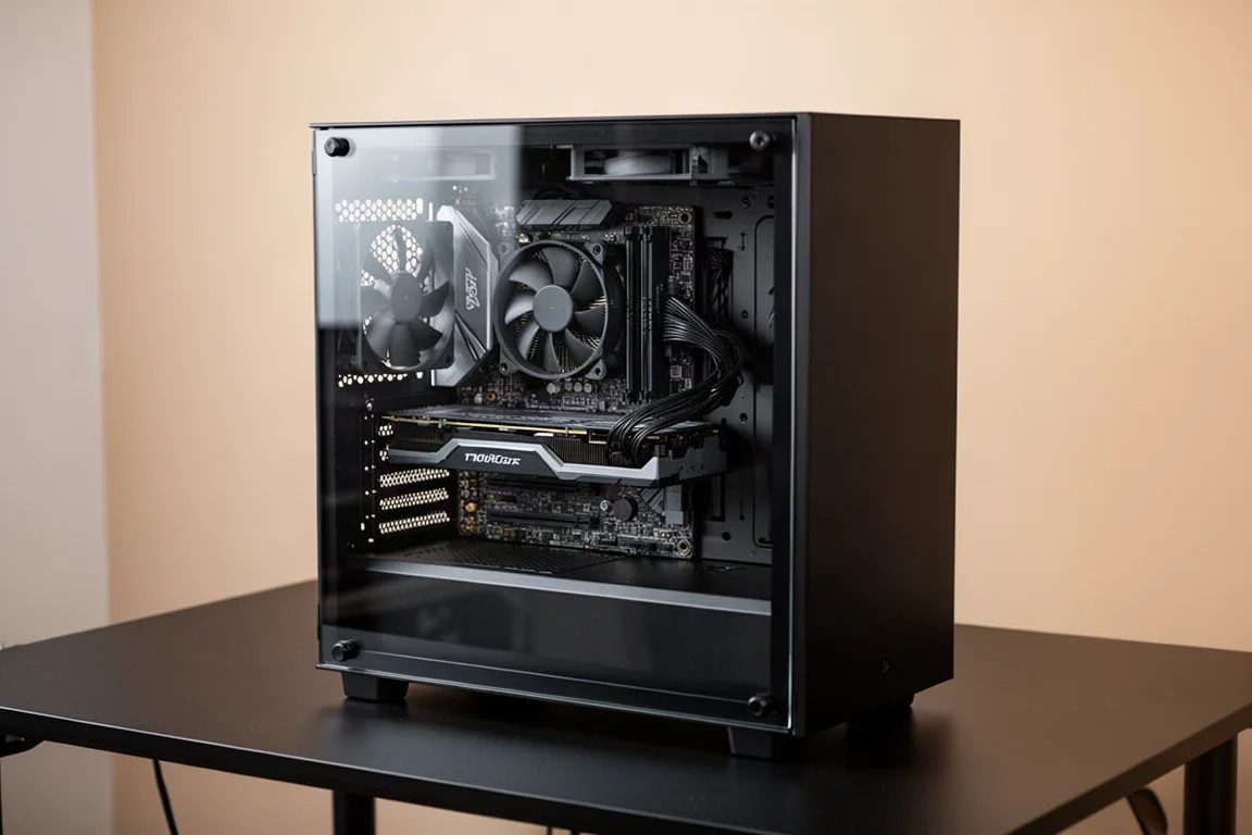 強化ガラスサイドパネルから内部コンポーネントが見える完成した予算ゲーミングPC