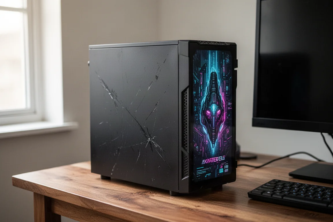 サイバーパンク風デカールを貼ったコンパクトなHP EliteDesk 800 G6デスクトップPCが机の上に置かれている