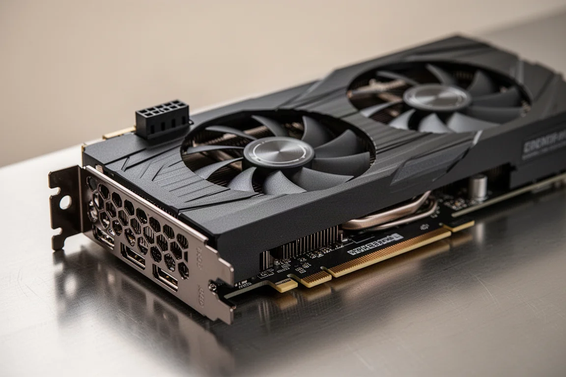 8ピン電源コネクタ付きロープロファイルRTX 5060グラフィックスカードのクローズアップ