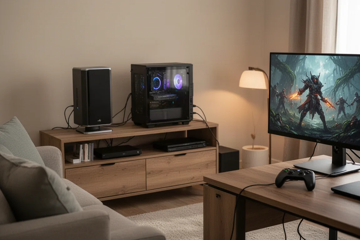 リビングルームの机の上にコンパクトなデスクトップPCとモニターを置いたゲーミングPC環境