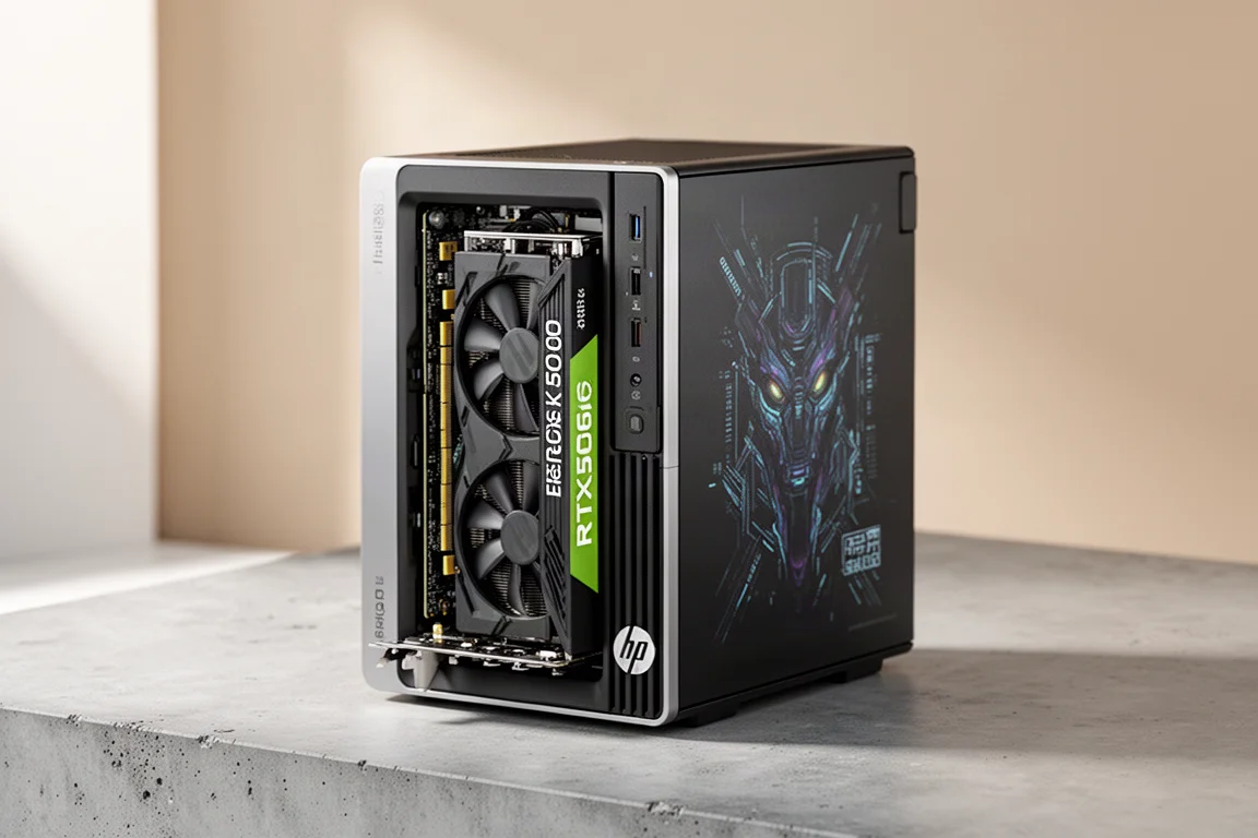 コンクリートの床に置かれたRTX 5060グラフィックスカードを搭載したHP EliteDesk 800 G6デスクトップPC