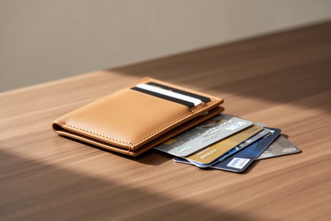 Slim leather card wallet with cards fanned out on a wooden desk