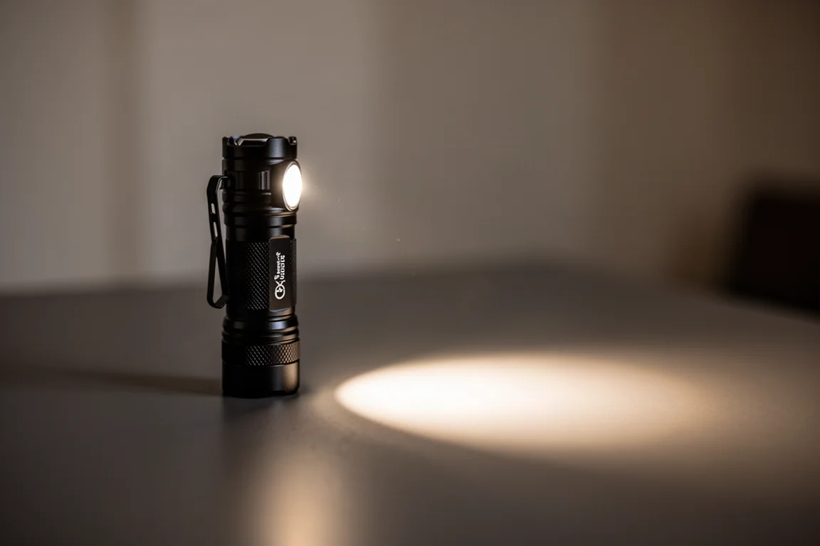Compact flashlight casting a bright beam across a dark tabletop
