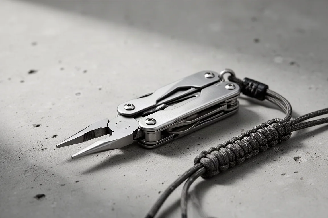 Small multi-tool with pliers open on a concrete surface