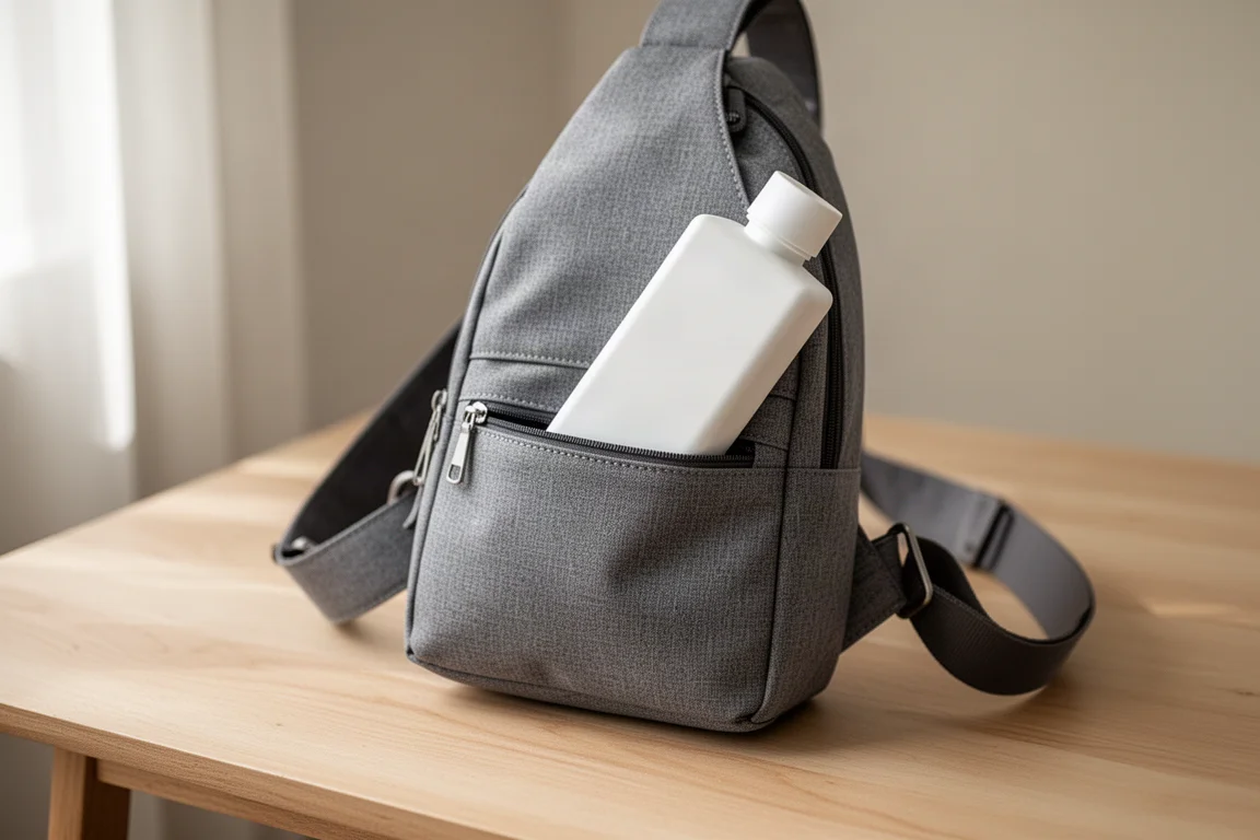 Flat rectangular water bottle sliding into a slim sling bag