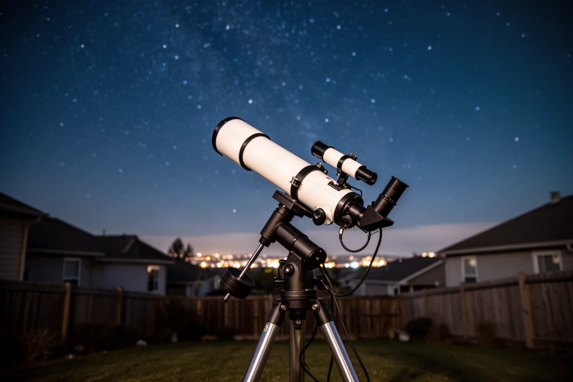 Telescopio rifrattore puntato verso il cielo notturno in un cortile di periferia