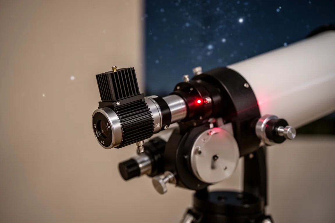 Piccola camera astronomica raffreddata collegata al portafuochi di un telescopio di notte