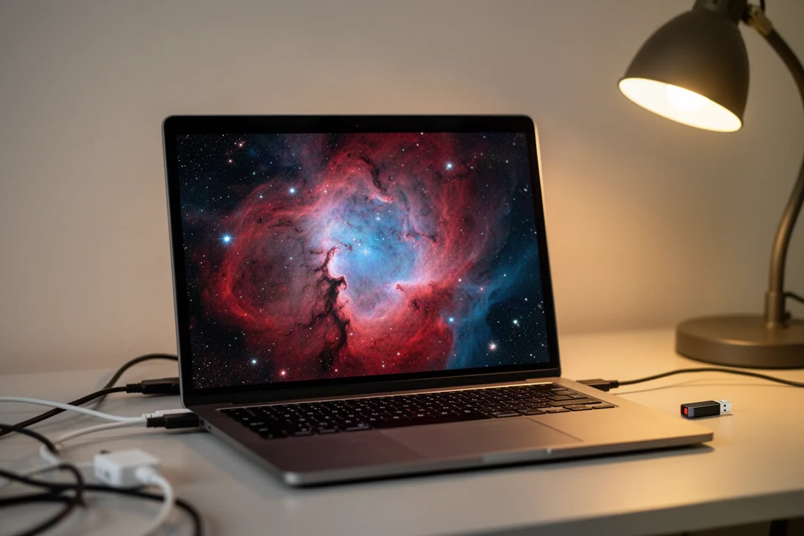 Immagine di una nebulosa sullo schermo di un laptop accanto a un setup astrofotografico completato